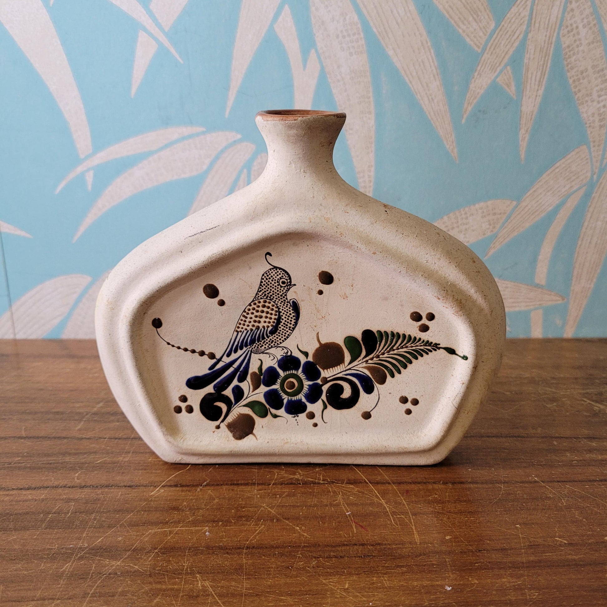 Vintage Mexican Tonala handpainted stoneware vase, signed MEX/M