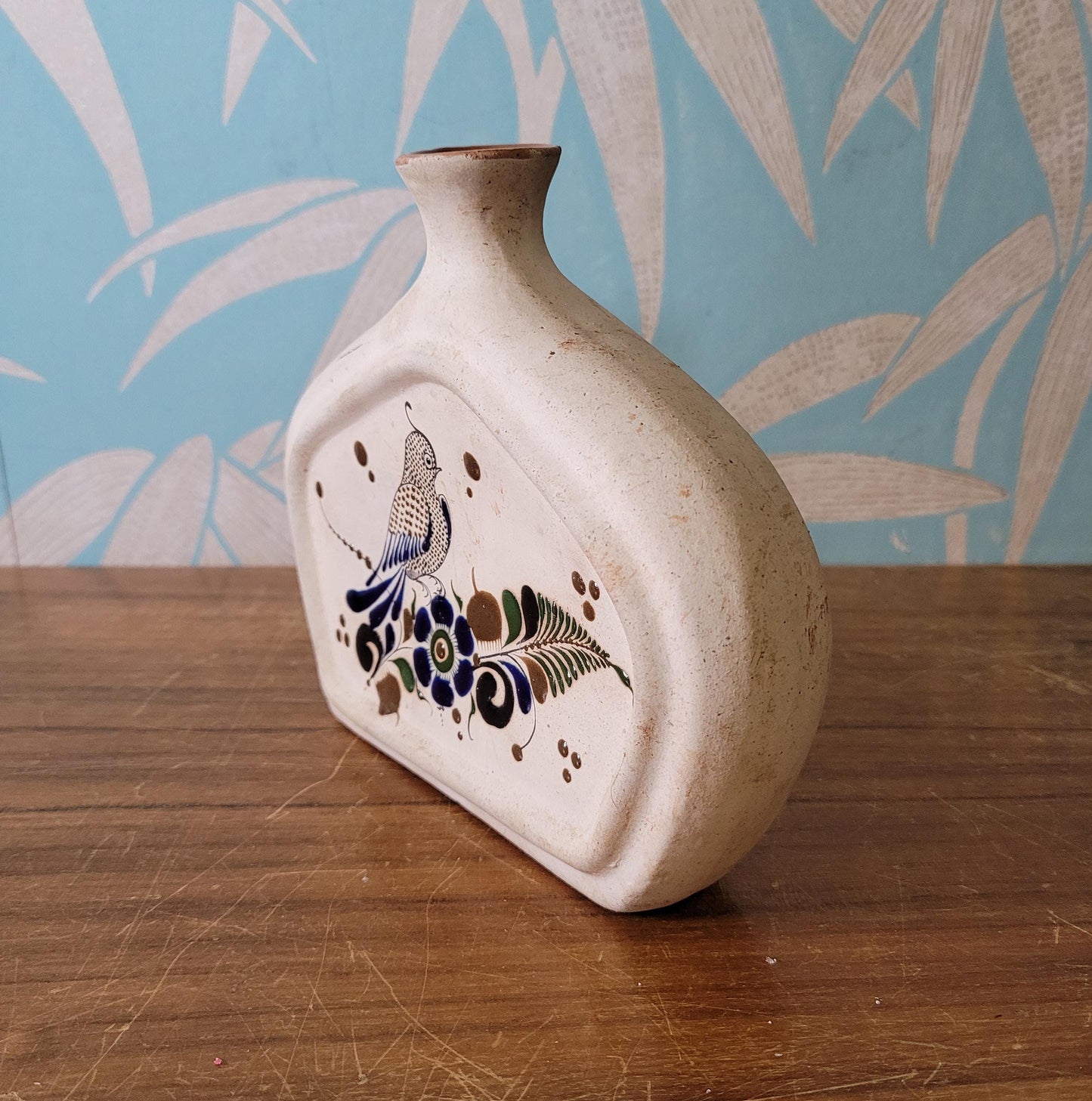 Vintage Mexican Tonala handpainted stoneware vase, signed MEX/M