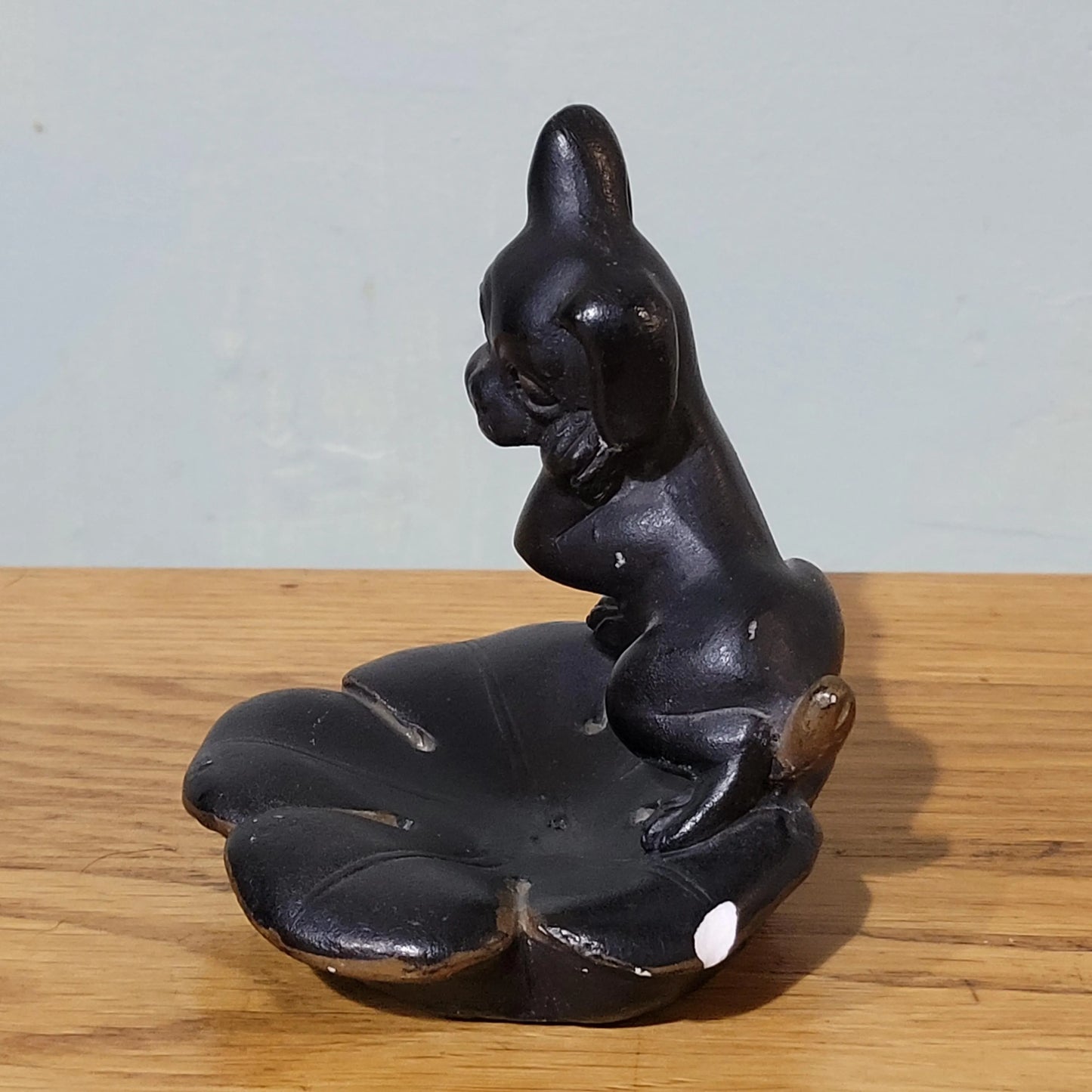 Rare Art Deco black ceramic 'Bonzo-esque' puppy ashtray/trinket dish, gold-tipped tail