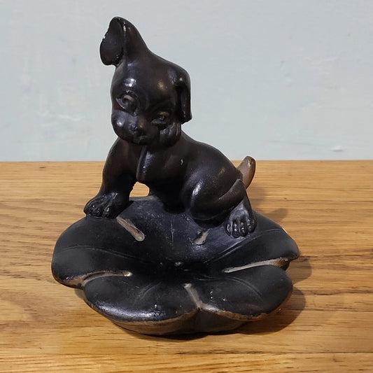Rare Art Deco black ceramic 'Bonzo-esque' puppy ashtray/trinket dish, gold-tipped tail