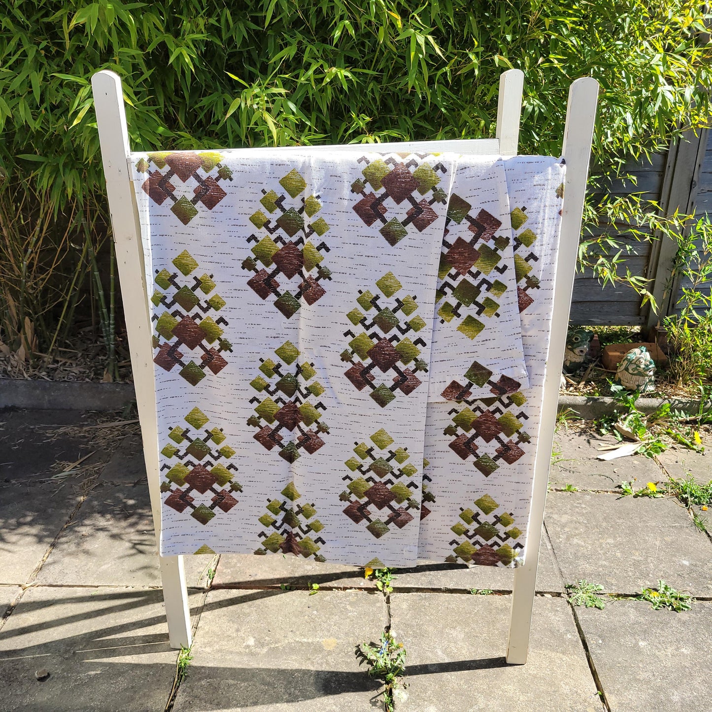 Pair of 1970s geometric abstract print viscose/poly curtains, 40" x 70"