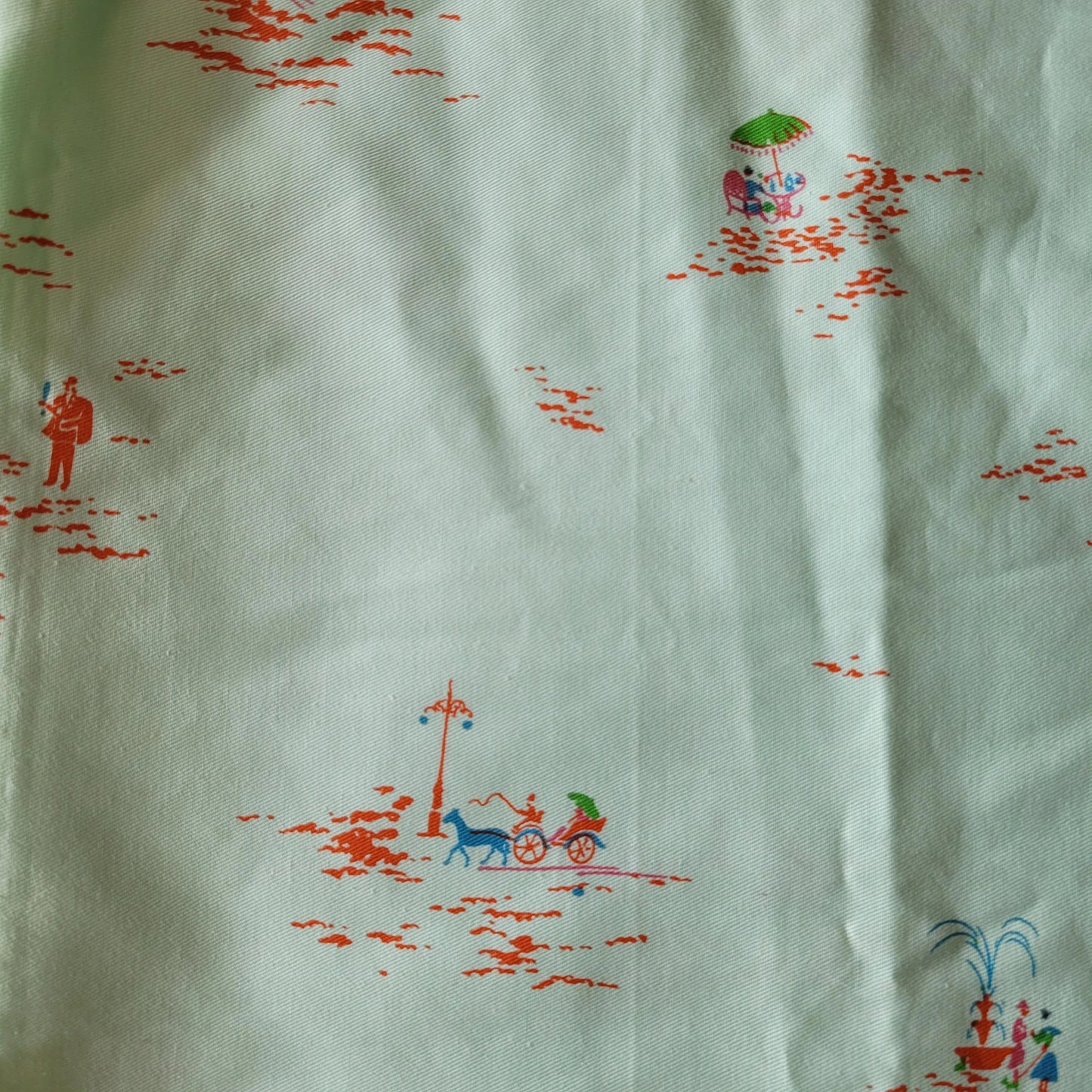 Vintage satin-feel colourful Parisian scenes fabric piece, 68" x 45"