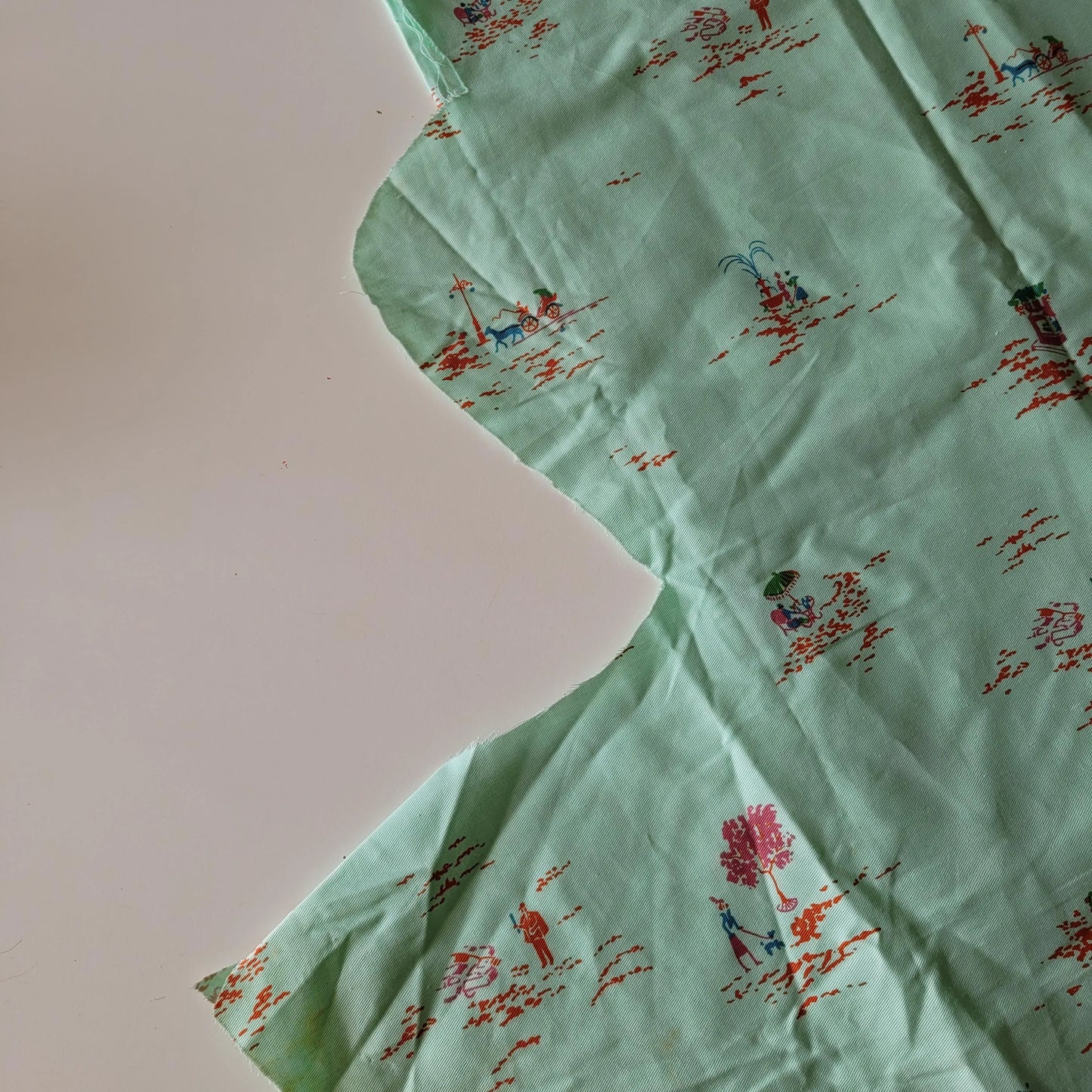 Vintage satin-feel colourful Parisian scenes fabric piece, 68" x 45"