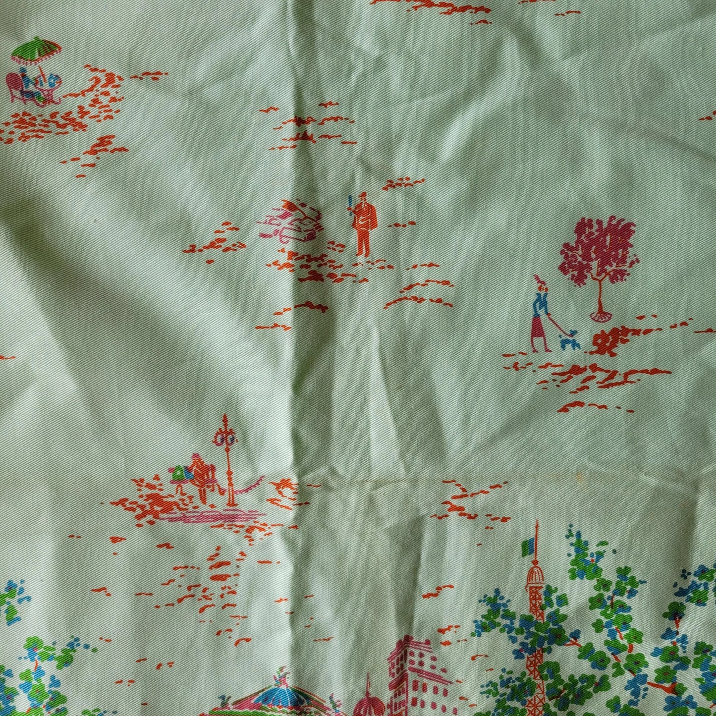 Vintage satin-feel colourful Parisian scenes fabric piece, 68" x 45"