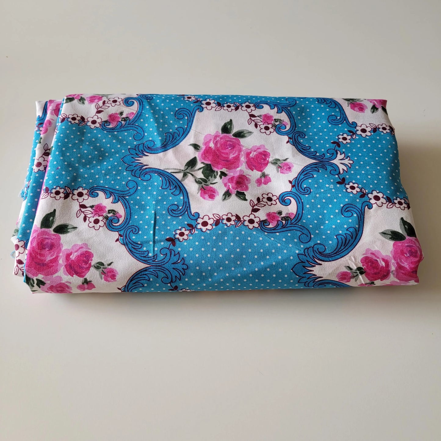 1950s/60s-style blue & pink rose print large fabric piece, 90" x 96"