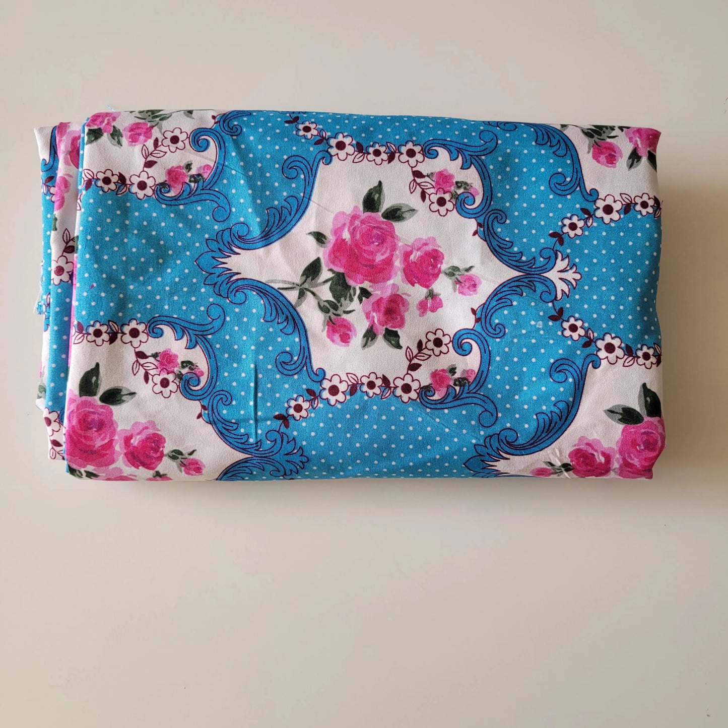 1950s/60s-style blue & pink rose print large fabric piece, 90" x 96"