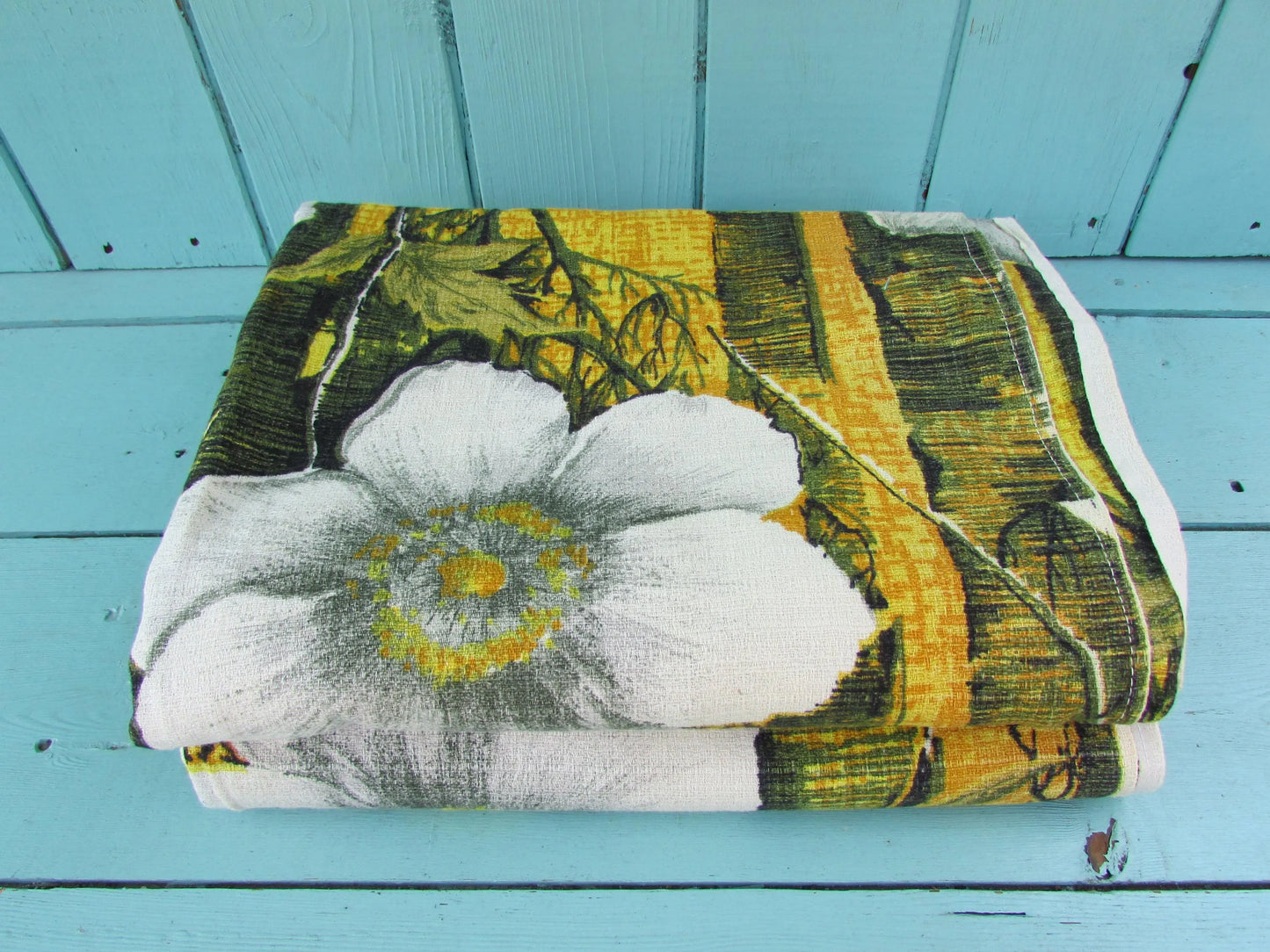 Pair of 1970s white flowers on yellow & black barkcloth curtains, 46" x 64"