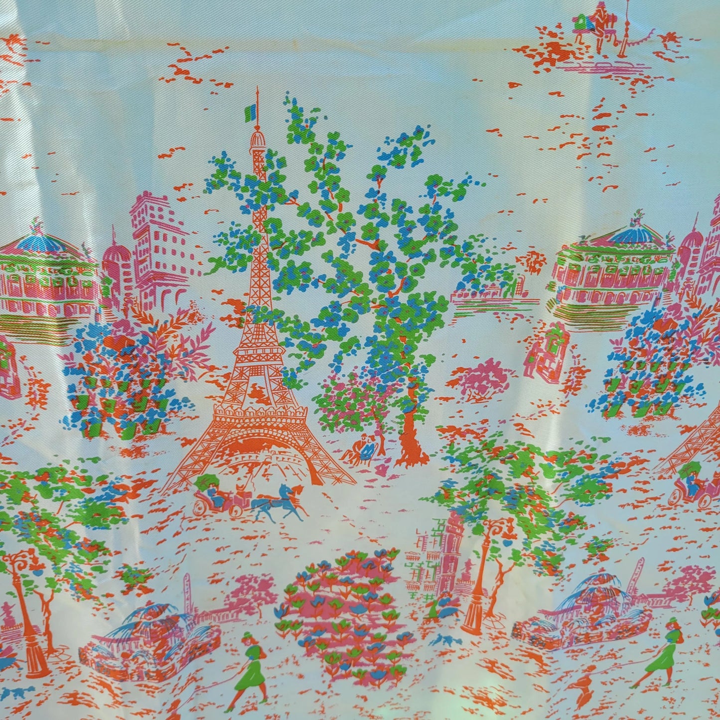 Vintage satin-feel colourful Parisian scenes fabric piece, 68" x 45"