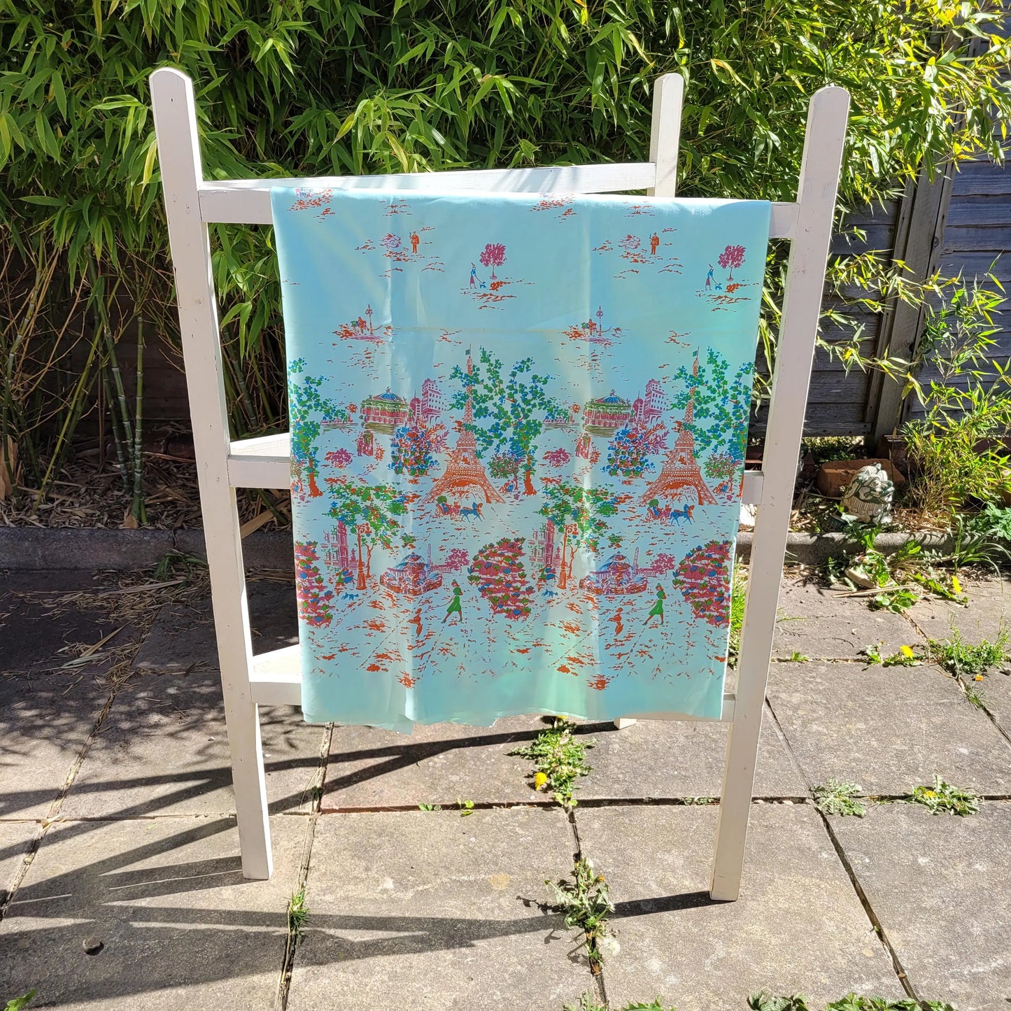 Vintage satin-feel colourful Parisian scenes fabric piece, 68" x 45"