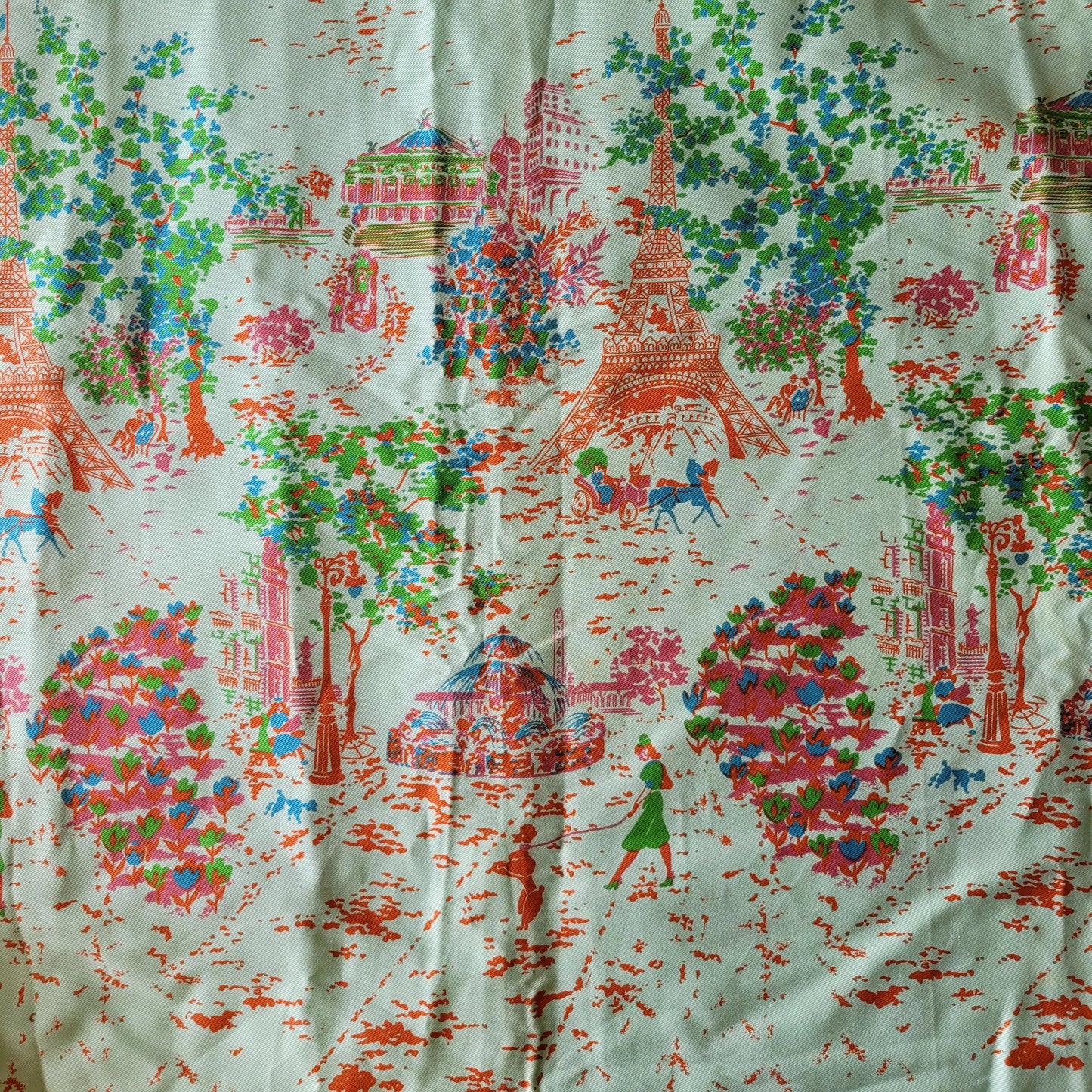 Vintage satin-feel colourful Parisian scenes fabric piece, 68" x 45"