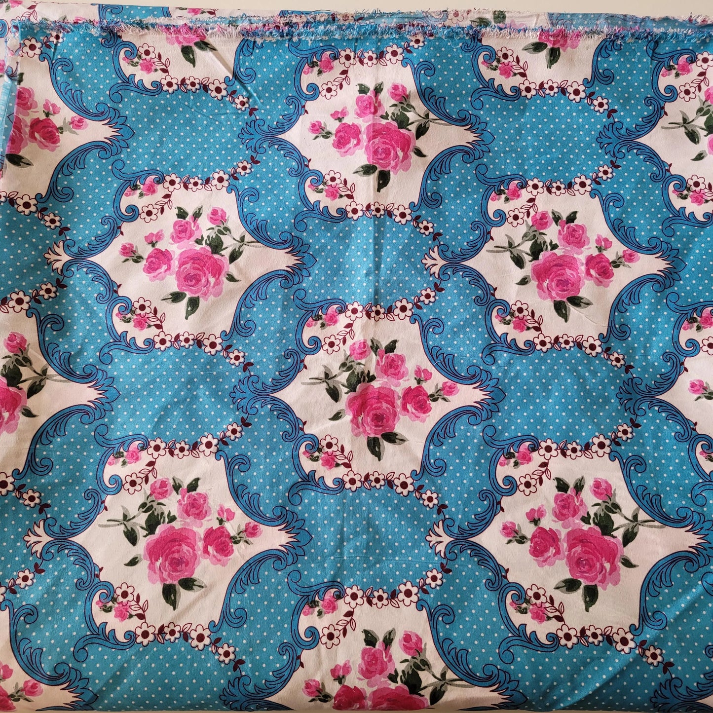 1950s/60s-style blue & pink rose print large fabric piece, 90" x 96"