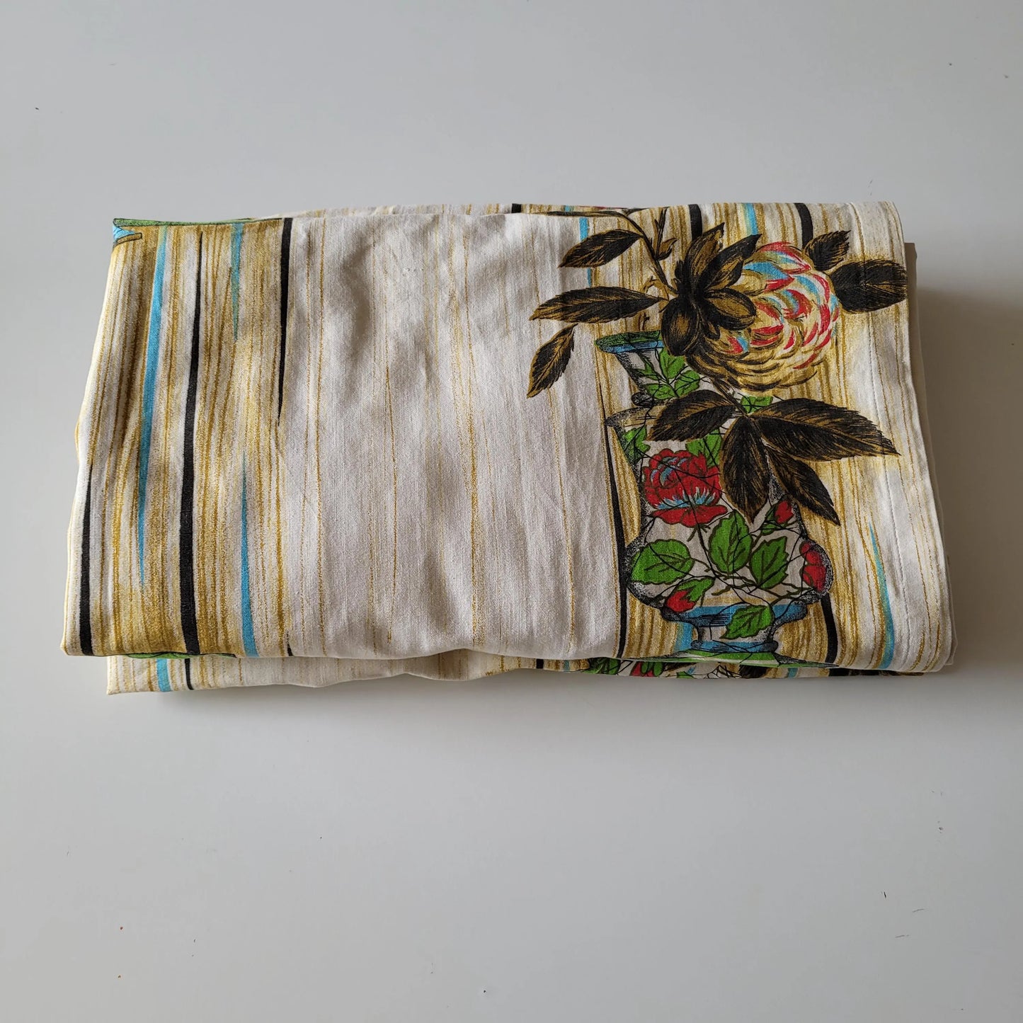 Pair of 1960s Sunresista "Ceramic" (flower & vases) pattern cotton curtains, 66" x 77"