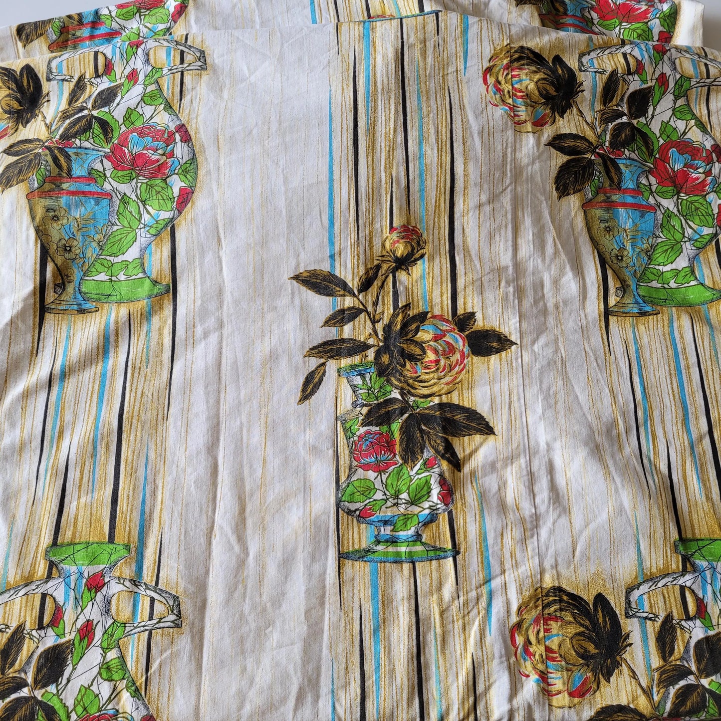 Pair of 1960s Sunresista "Ceramic" (flower & vases) pattern cotton curtains, 66" x 77"