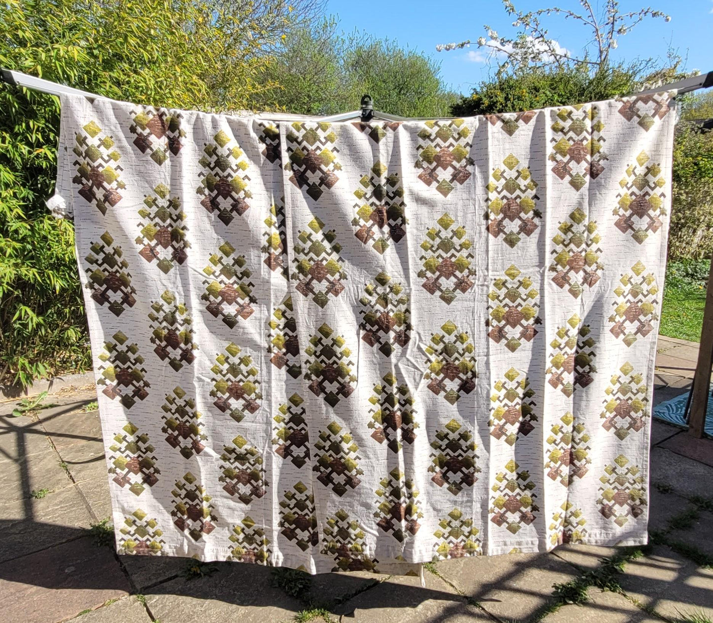 Pair of 1970s geometric abstract print viscose/poly curtains, 40" x 70"