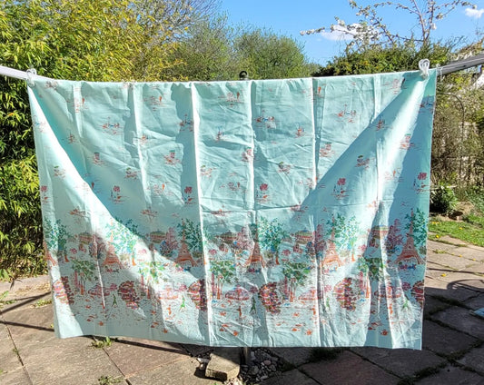 Vintage satin-feel colourful Parisian scenes fabric piece, 68" x 45"