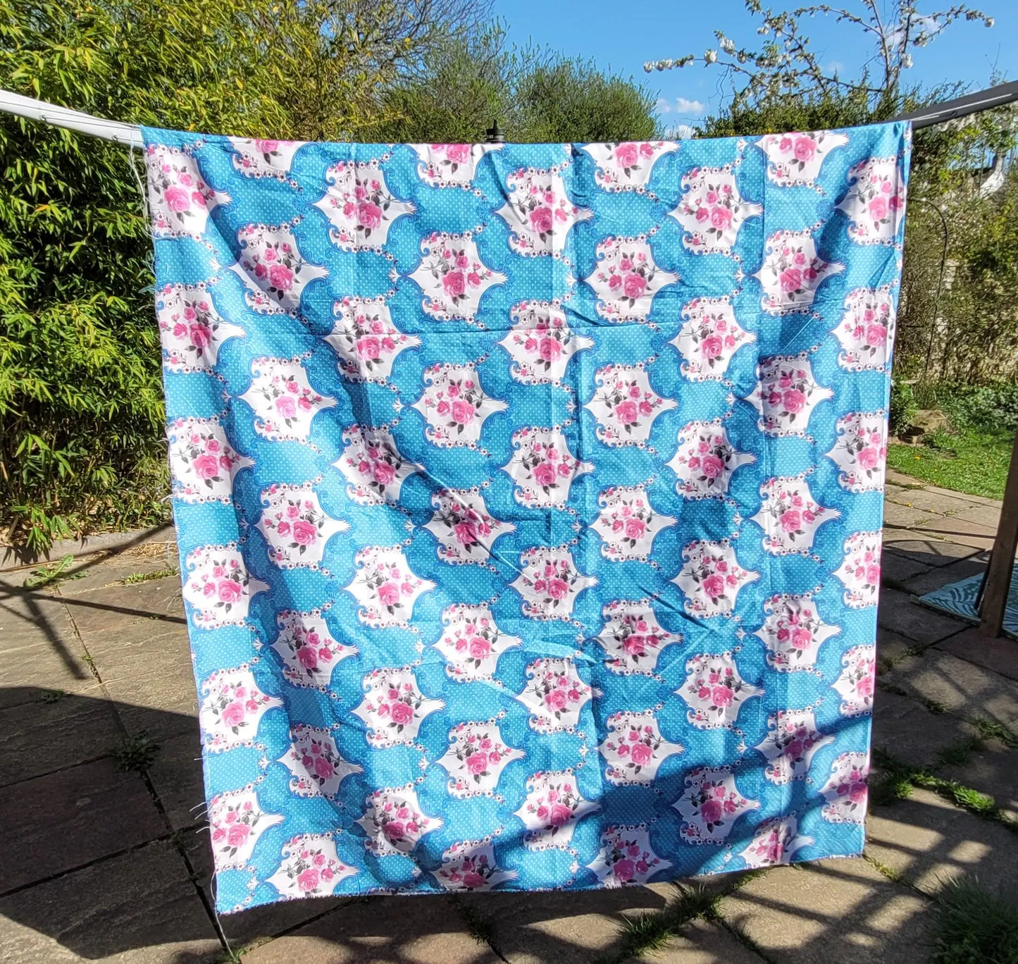 1950s/60s-style blue & pink rose print large fabric piece, 90" x 96"