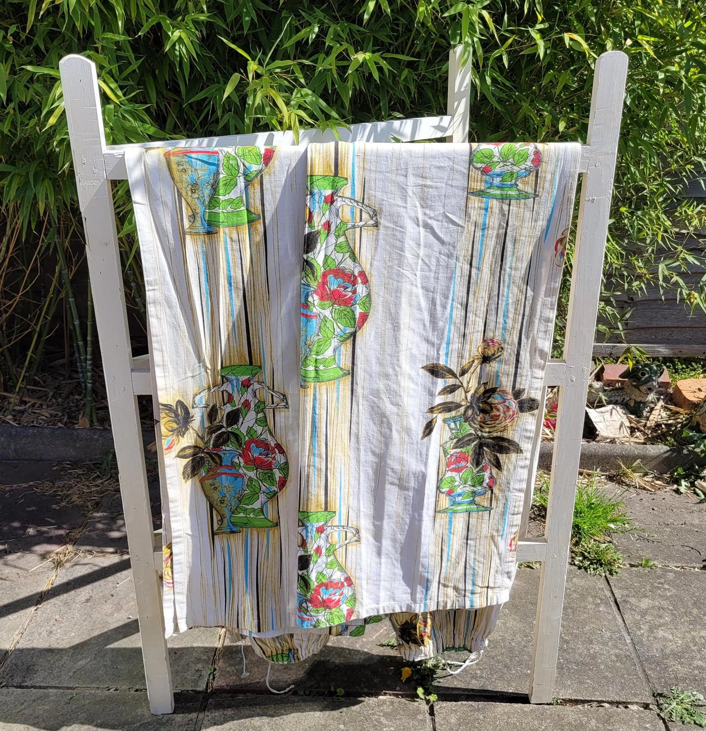 Pair of 1960s Sunresista "Ceramic" (flower & vases) pattern cotton curtains, 66" x 77"