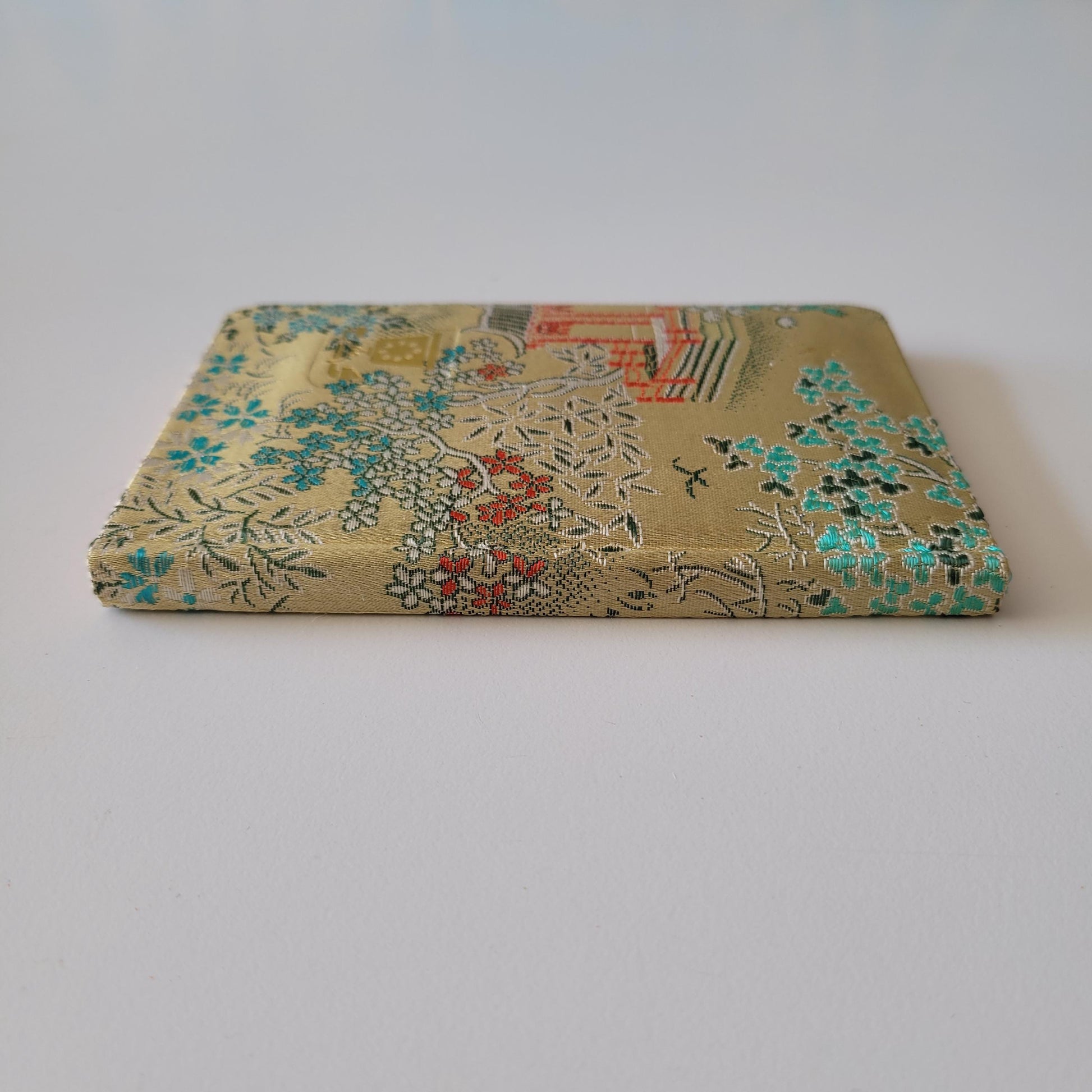 Vintage chinese silk brocade fabric pagoda scene address book, with original packaging