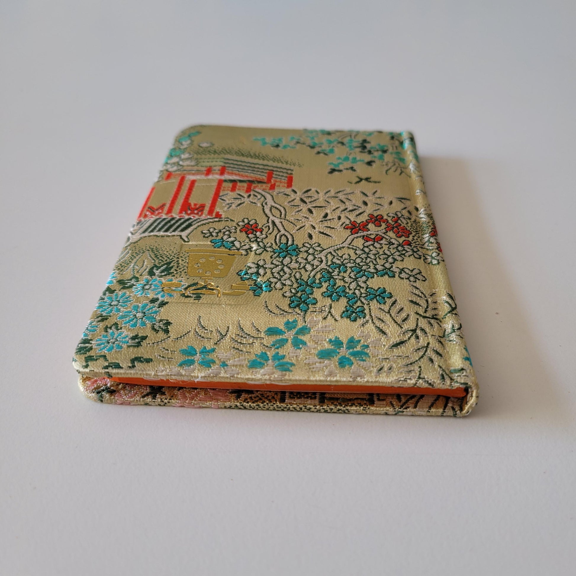 Vintage chinese silk brocade fabric pagoda scene address book, with original packaging