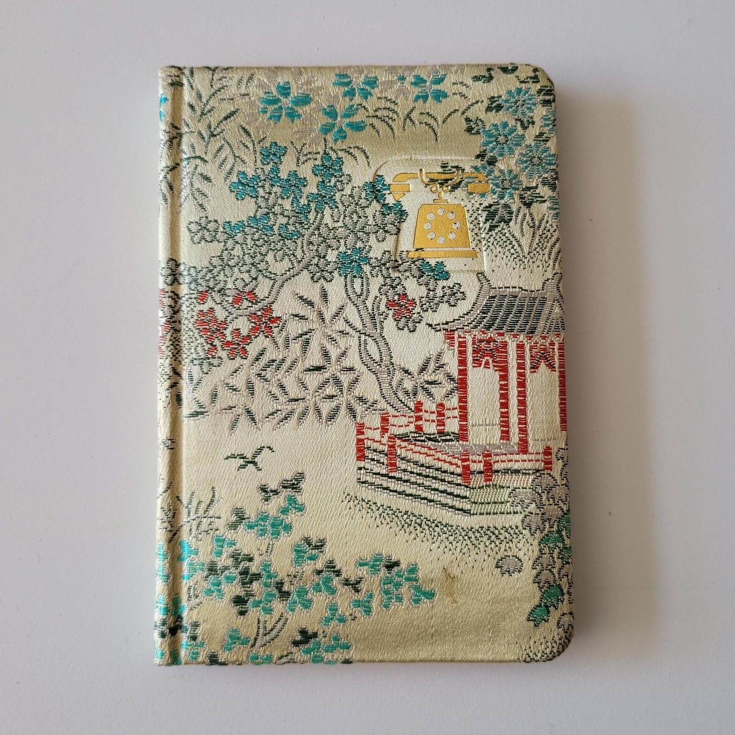 Vintage chinese silk brocade fabric pagoda scene address book, with original packaging