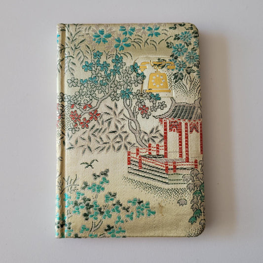Vintage chinese silk brocade fabric pagoda scene address book, with original packaging