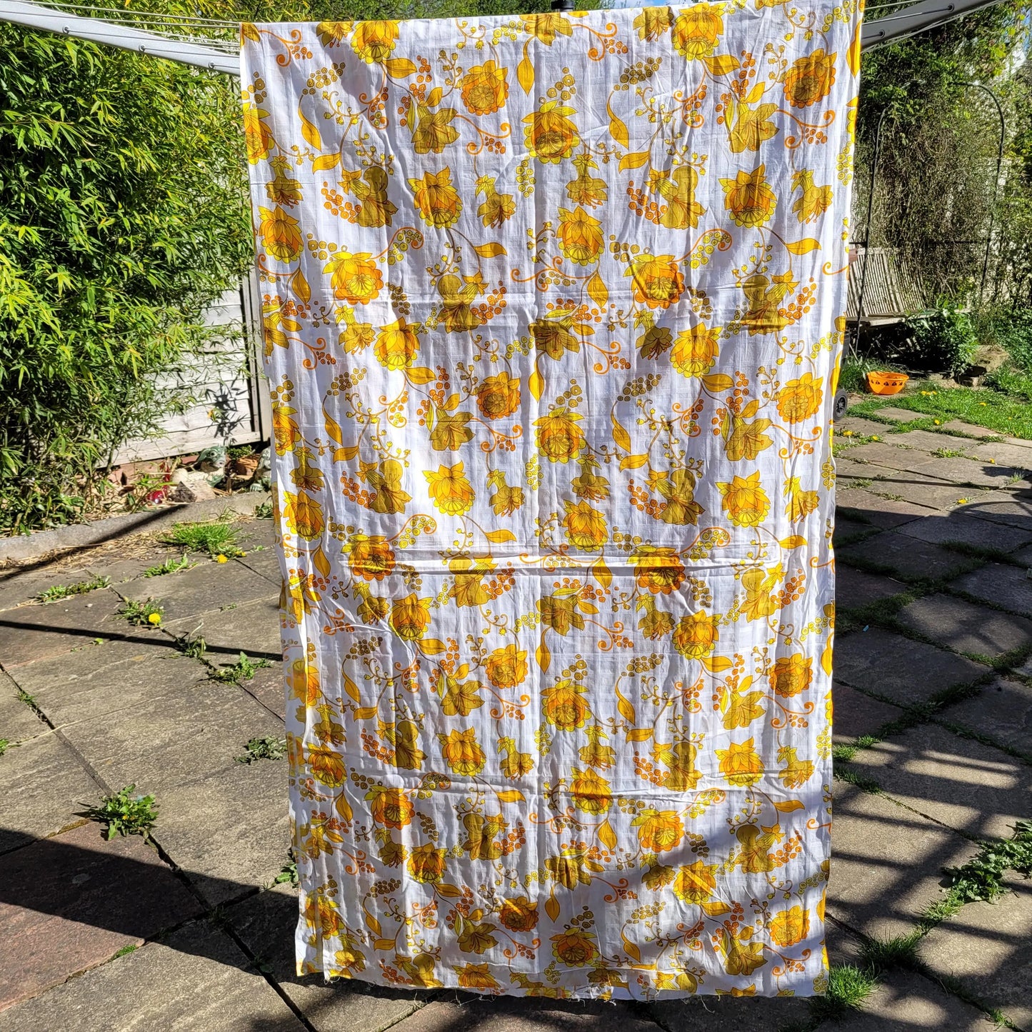 1970s Portuguese vibrant yellows floral print fabric piece, 33" x 120"
