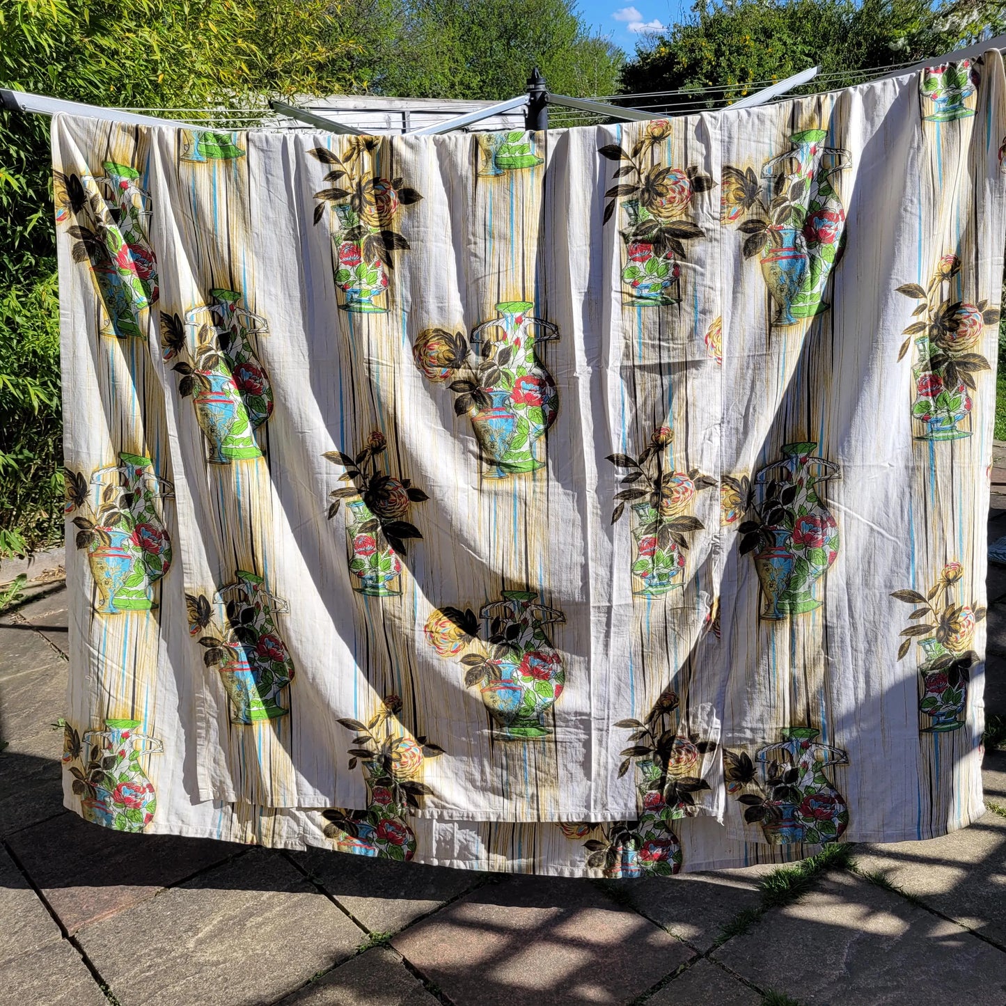 Pair of 1960s Sunresista "Ceramic" (flower & vases) pattern cotton curtains, 66" x 77"