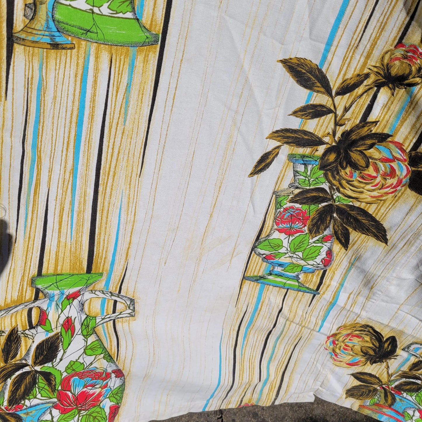 Pair of 1960s Sunresista "Ceramic" (flower & vases) pattern cotton curtains, 66" x 77"