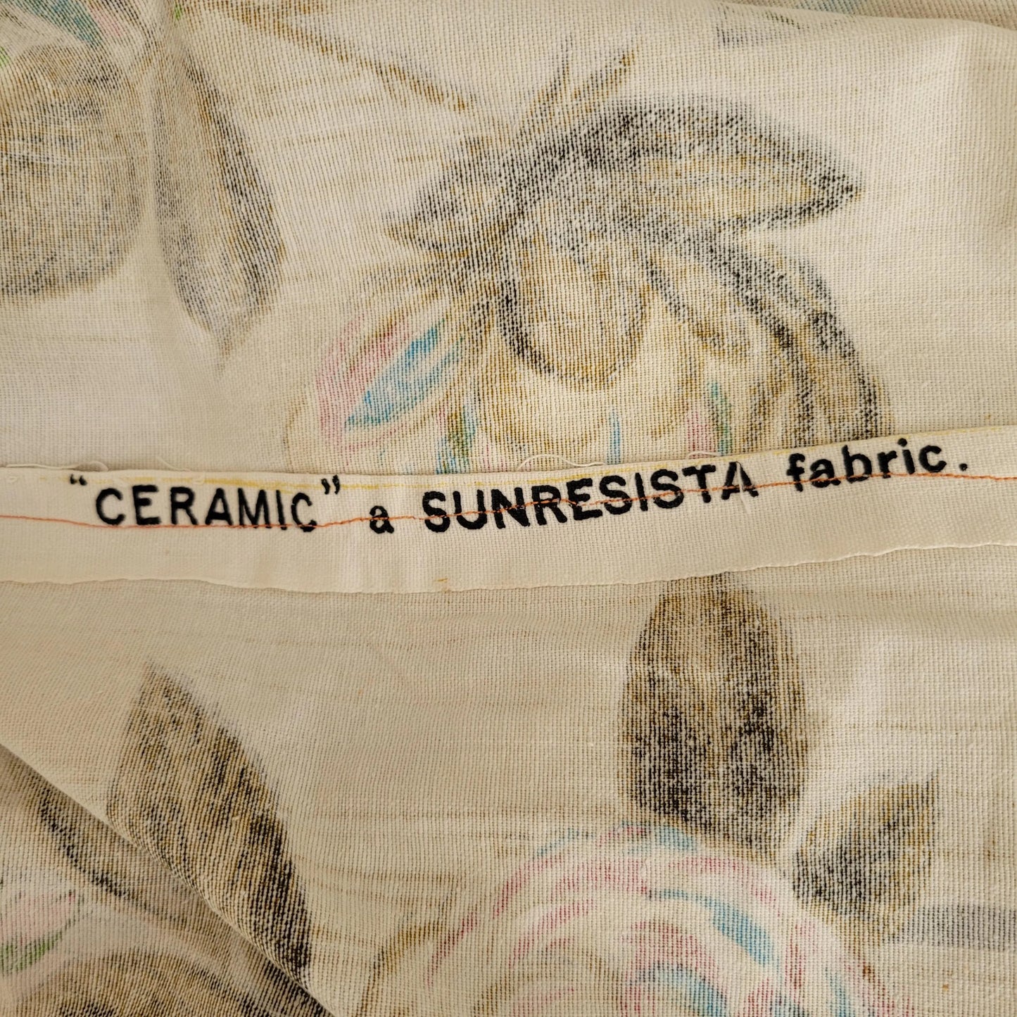 Pair of 1960s Sunresista "Ceramic" (flower & vases) pattern cotton curtains, 66" x 77"