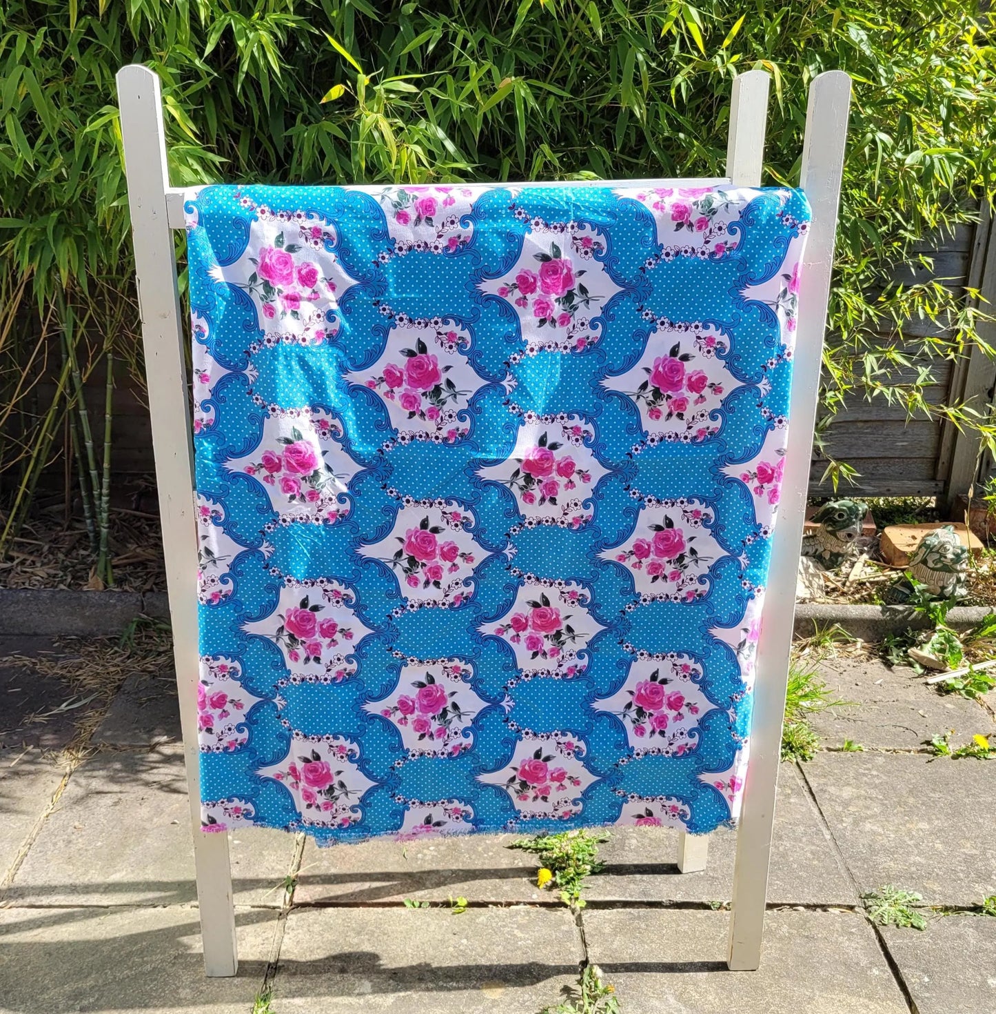 1950s/60s-style blue & pink rose print large fabric piece, 90" x 96"