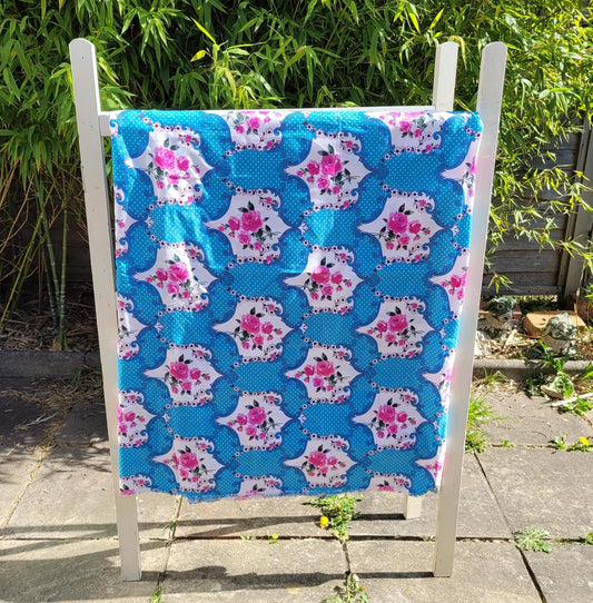 1950s/60s-style blue & pink rose print large fabric piece, 90" x 96"