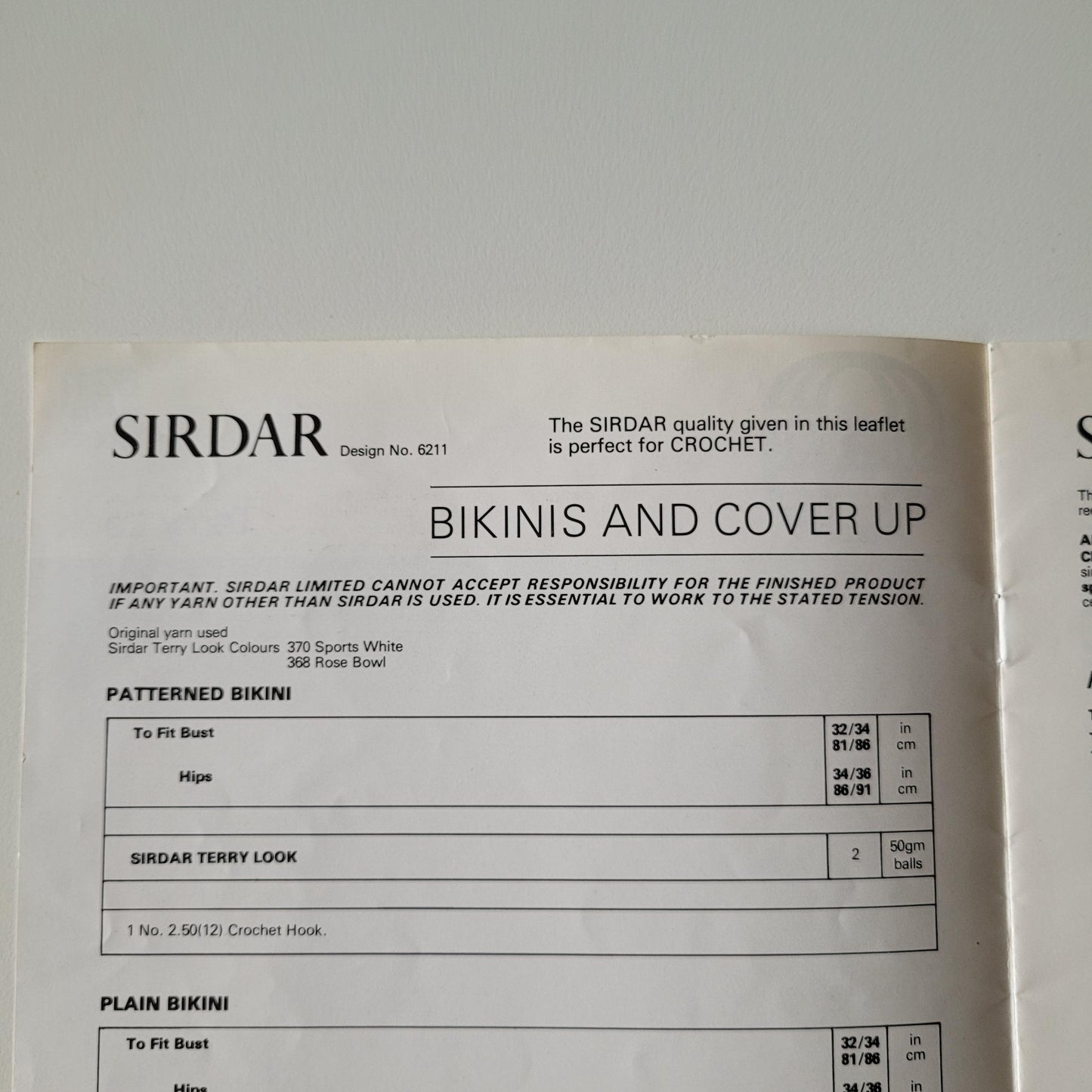 1980s Sirdar 6211 crochet pattern for "Terry Look" bikinis and cover-up, size XS