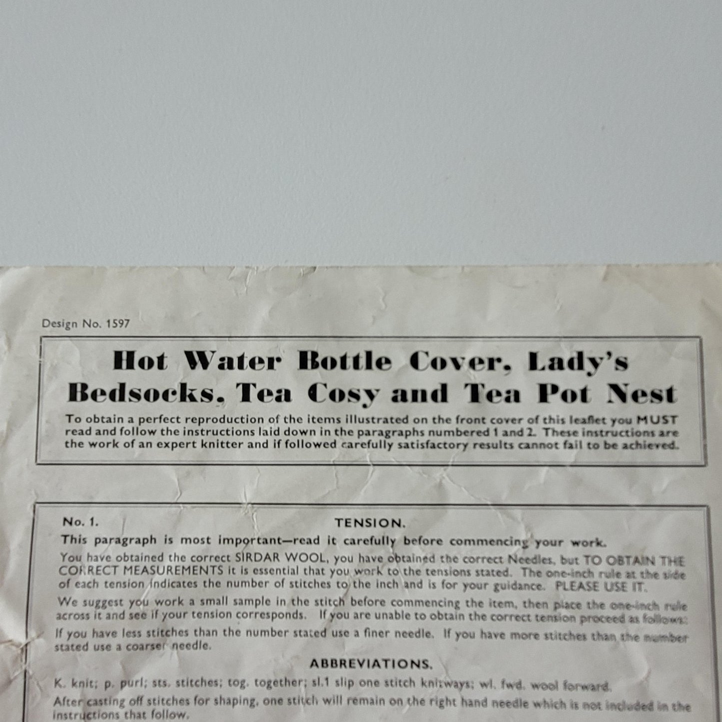 1950s Sirdar 1597 knitting pattern for hot water bottle cover, bedsocks, tea cosy & teapot nest