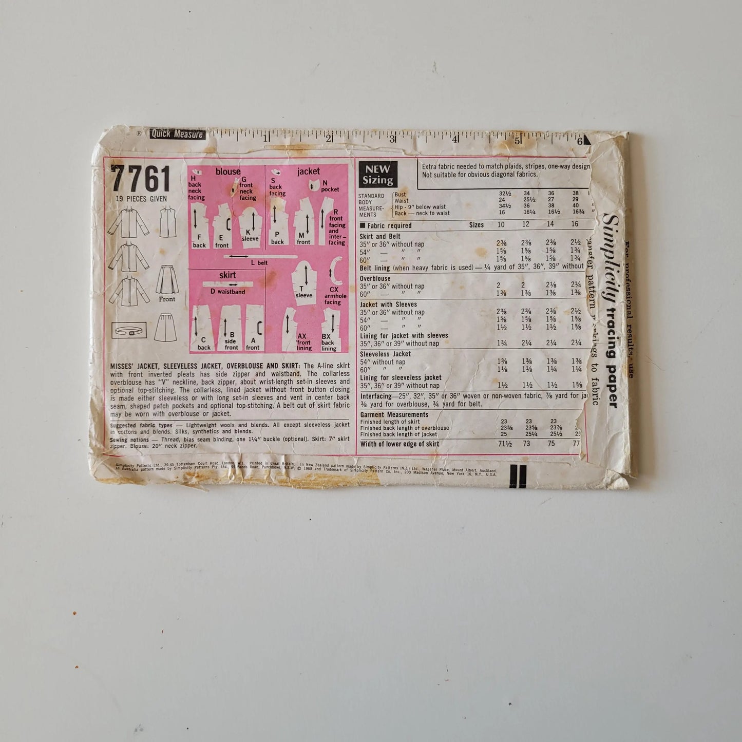 Part cut 1968 Simplicity 7761 sewing pattern for misses' jacket, sleeveless jacket, overblouse & skirt, size 10 (complete)