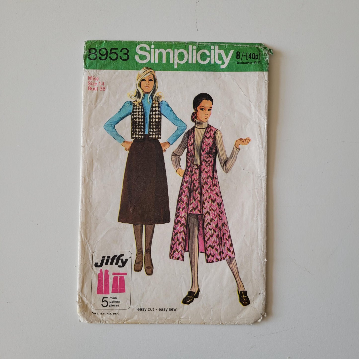 Used 1970 Simplicity 8953 sewing pattern for misses' jiffy vest & skirt in 2 lengths, size 14 (complete)