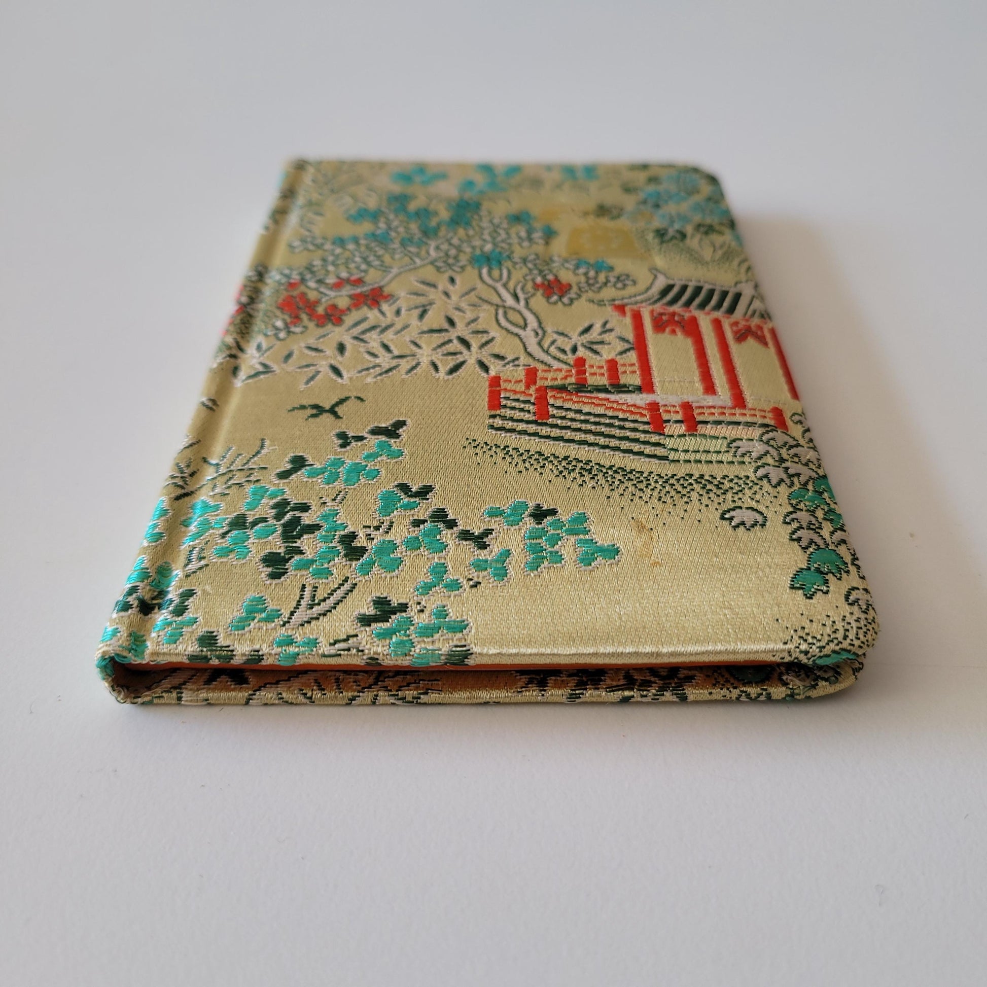 Vintage chinese silk brocade fabric pagoda scene address book, with original packaging