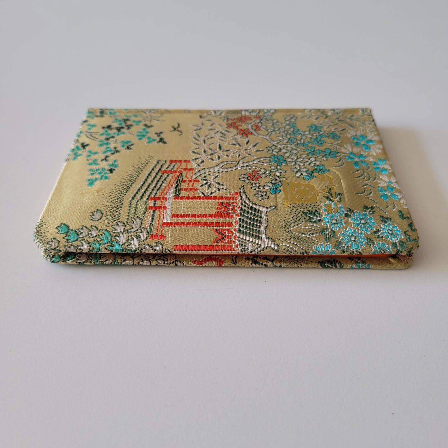 Vintage chinese silk brocade fabric pagoda scene address book, with original packaging