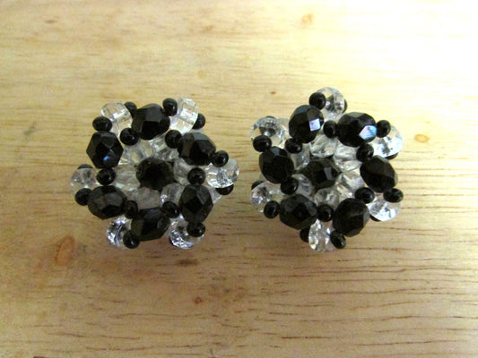 Vintage black & clear glass clustered bead clip-on earrings