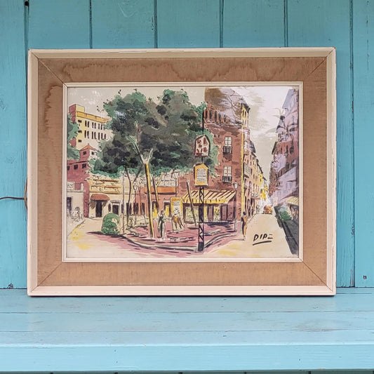 1960s framed watercolour street scene, signed DIAZ