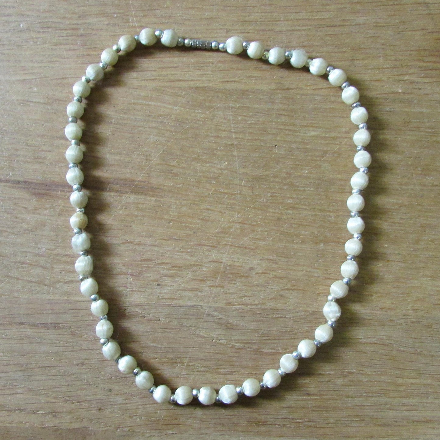 1960s/70s taupe satin bead collar length necklace, silver ball spacers