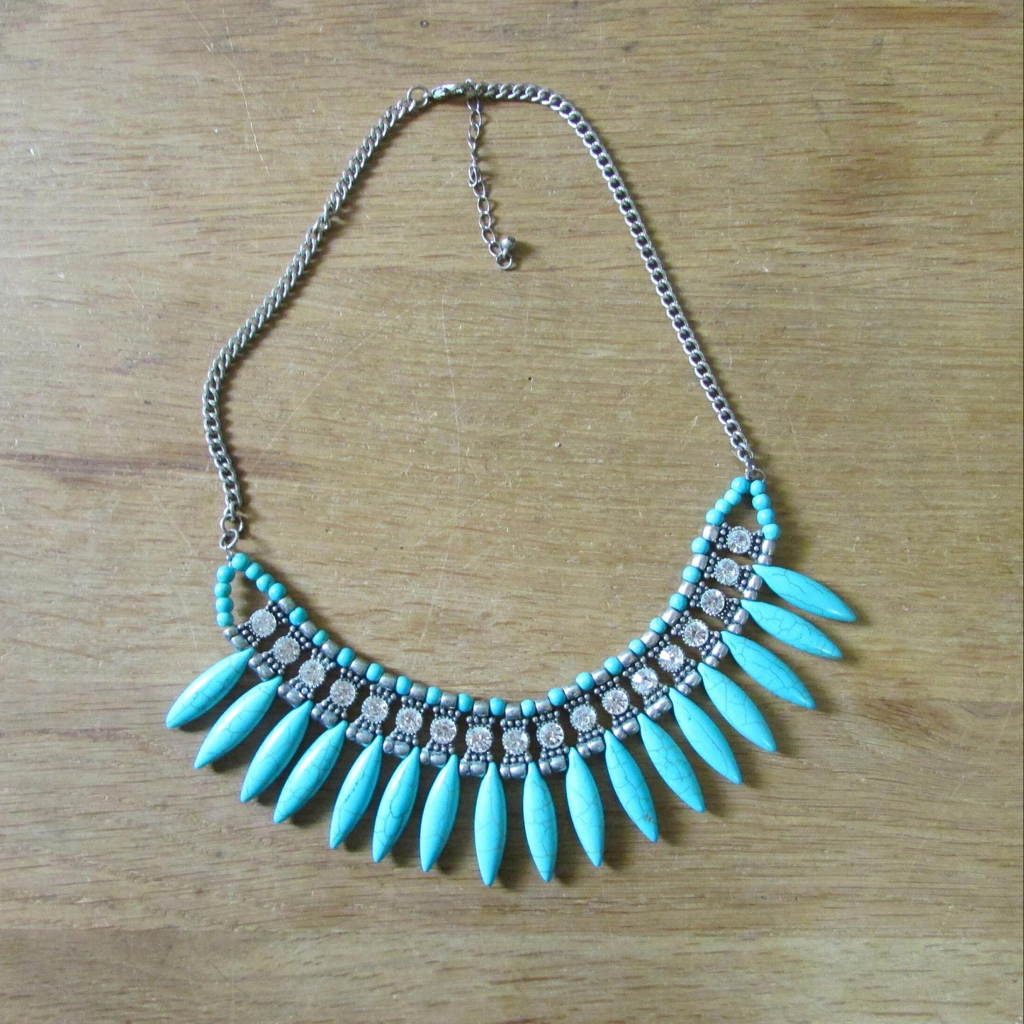 Art Deco-style diamante & turquoise-stone spike statement bib necklace