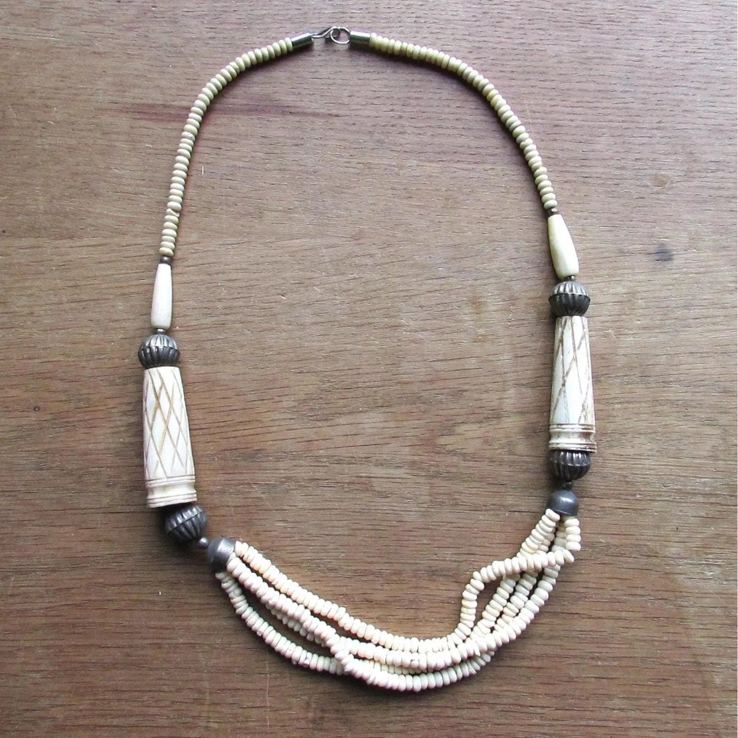 1970s/80s carved faux bone & heishi bead multi strand tribal style necklace