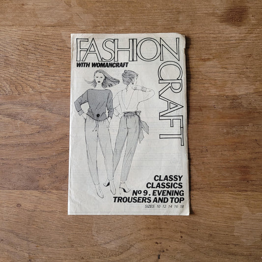 Uncut 1980s Fashioncraft with Womancraft No.9 sewing pattern for evening trousers & top, sizes 10 to 18 (complete)