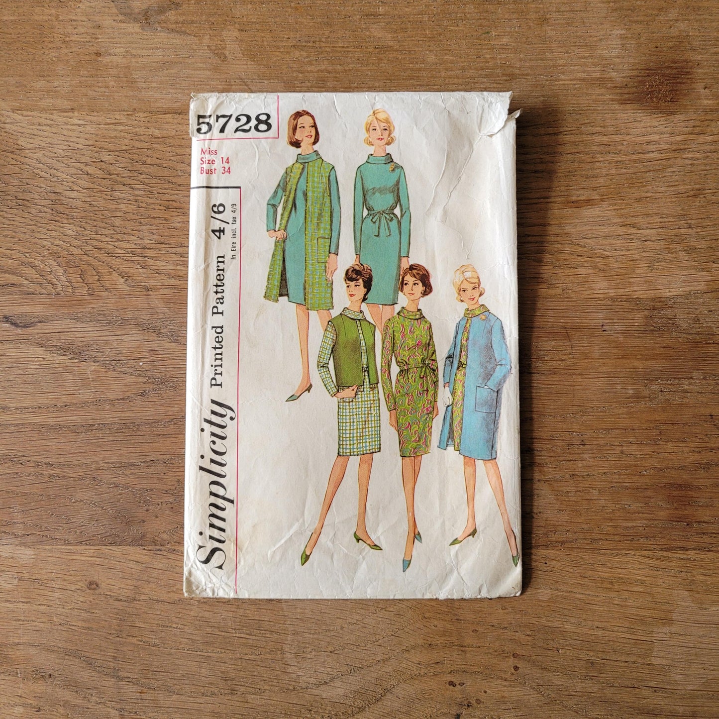 Part cut 1964 Simplicity 5728 sewing pattern for misses' one-piece dress, sleeveless coat, & sleeveless jacket, size 14 (complete)