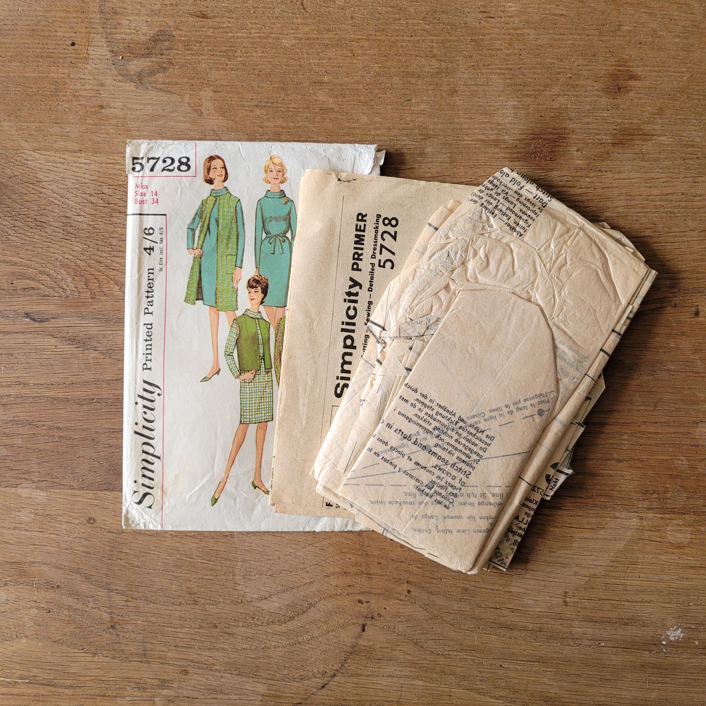 Part cut 1964 Simplicity 5728 sewing pattern for misses' one-piece dress, sleeveless coat, & sleeveless jacket, size 14 (complete)