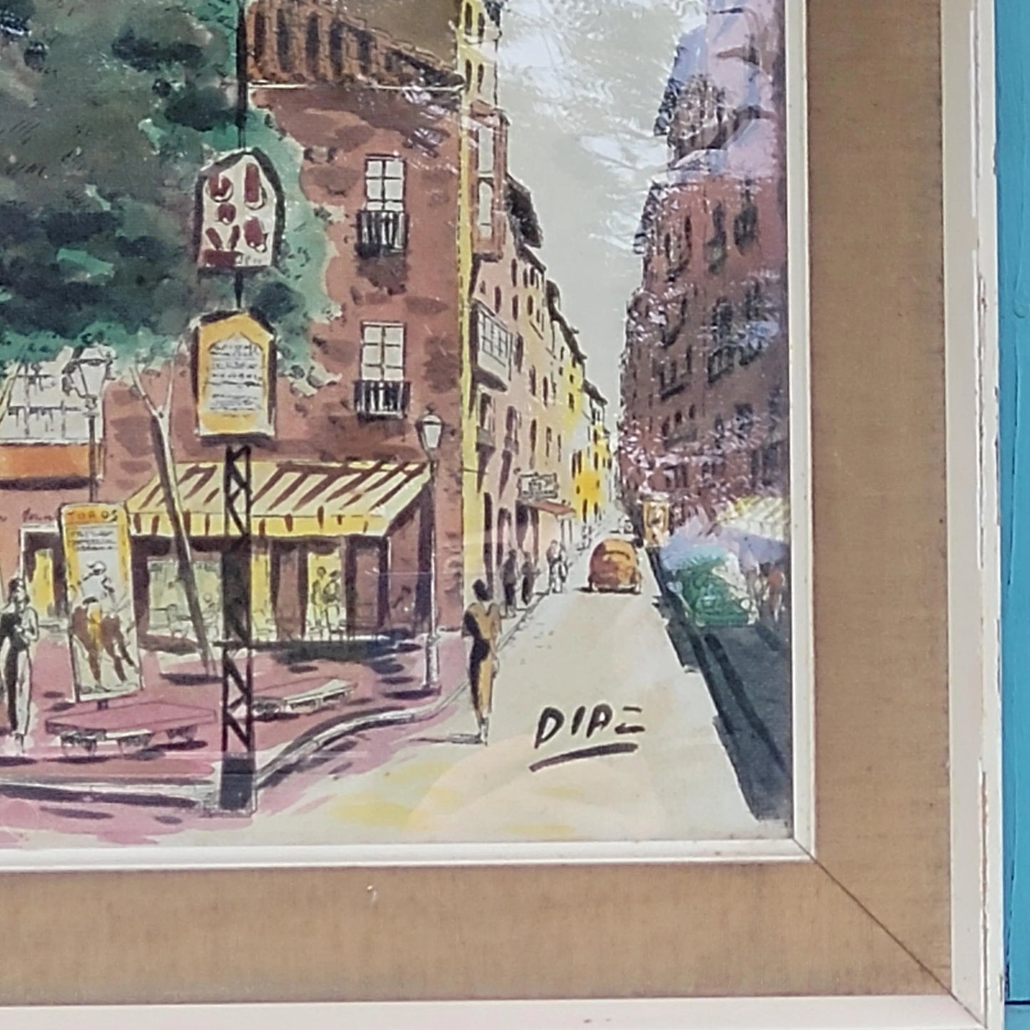 1960s framed watercolour street scene, signed DIAZ