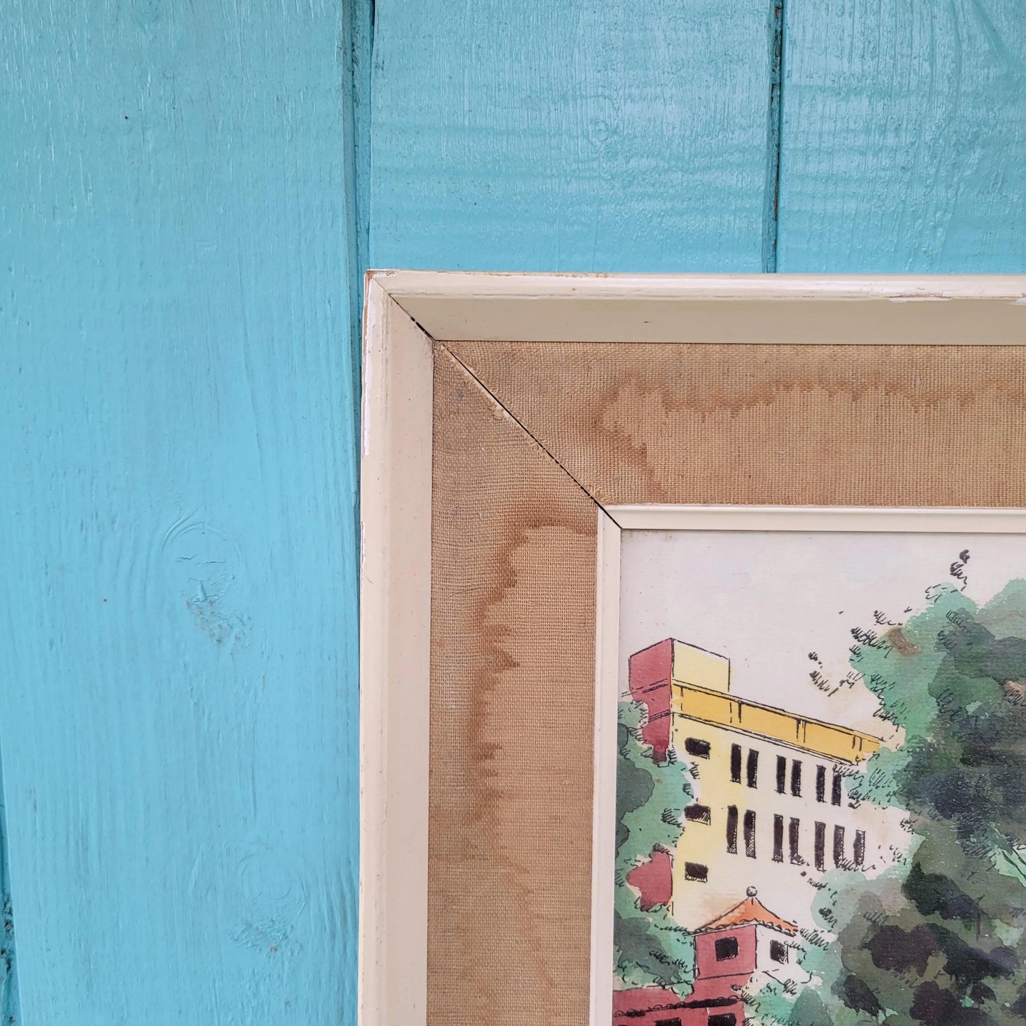 1960s framed watercolour street scene, signed DIAZ