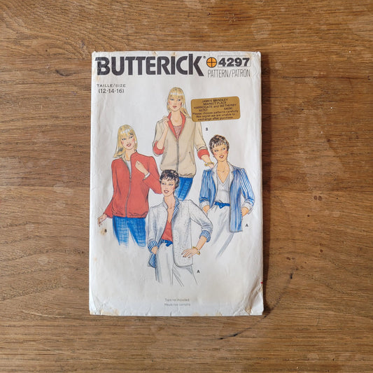 Part cut 1980s Butterick 4297 sewing pattern for misses' reversible jackets, sizes 12 to 16 (complete, *see description below)