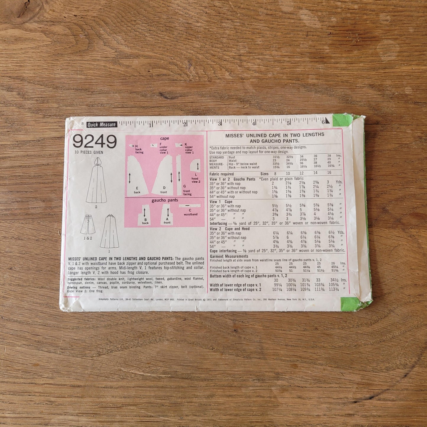 Part cut 1971 Simplicity 9249 sewing pattern for misses' gaucho pants (complete, *cape pattern missing)