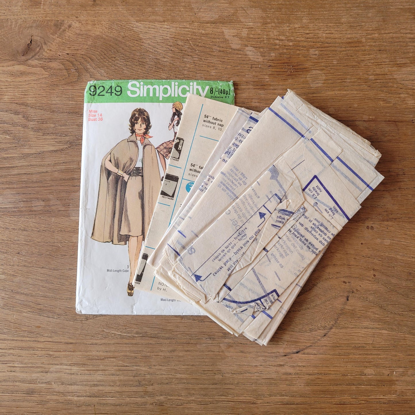 Part cut 1971 Simplicity 9249 sewing pattern for misses' gaucho pants (complete, *cape pattern missing)